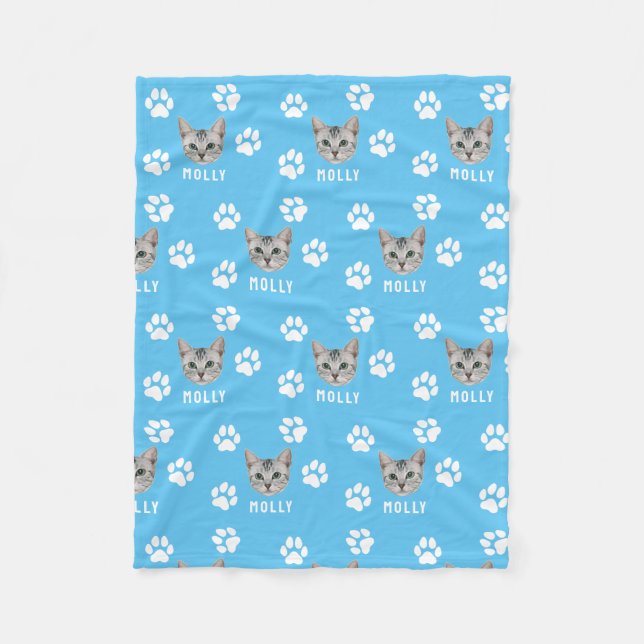 Manta Polar Mascota de gato personalizado, foto y nombre azul (Anverso)