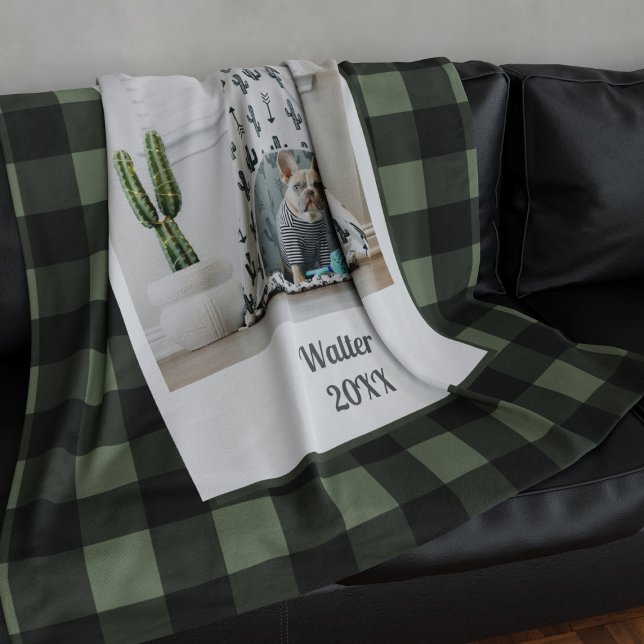 Manta Polar Mascota Foto Green Black Buffalo Check Fleece Blan (A buffalo check green blanket with space for your photo)