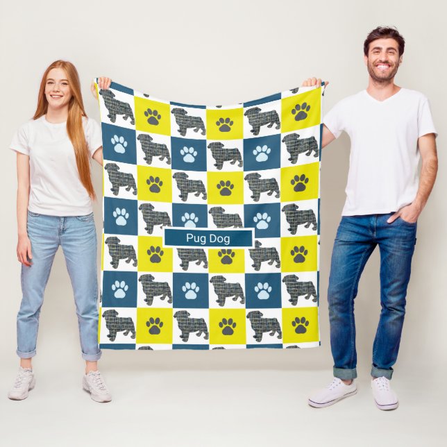 Manta Polar Mascota Pug Dog & Paw Imprimir Silueta Cuadrícula  (In situ)