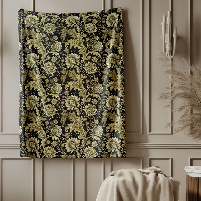Manta Polar Matrícula barroca dorada Damask en elegante matiz  (Baroque Gold Damask Blanket in Elegant Black Hue)
