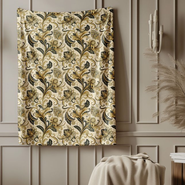 Manta Polar Matrícula de Damasco dorada y negra para interiore (Gold and Black Damask Blanket for Luxe Interiors)