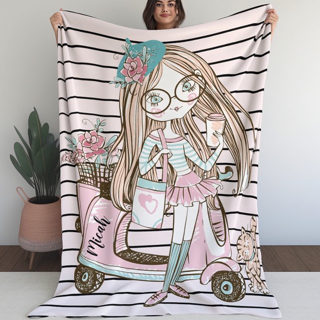 Manta Polar Matrícula para Chicas con Chica y gato con Scooter (Blanket for Girls with Girl and Cat With Scooter (L))