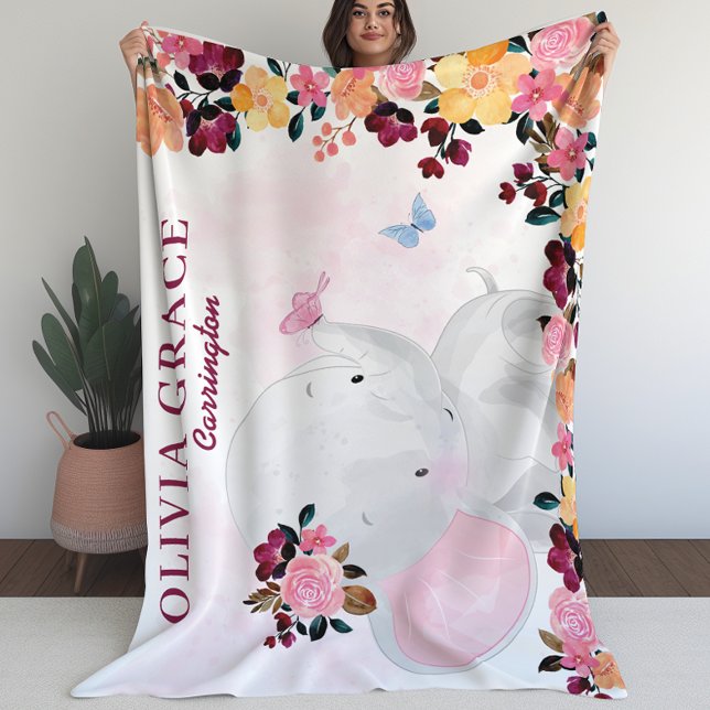 Manta Polar Matrícula personalizada con Elefante + Flores (Personalized Name Blanket with Elephant + Flowers (L))