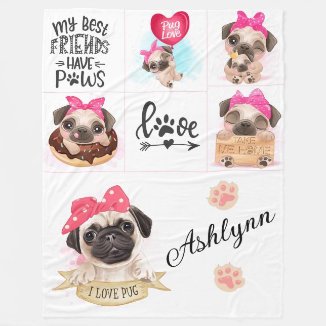 Manta Polar Me encantan los Pugs (Anverso)