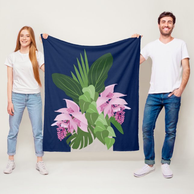 Manta Polar Medinilla tropical Flor rosa en azul oscuro (In situ)