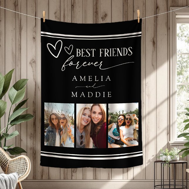 Manta Polar Mejor Amigos Collage de fotos Negro para siempre (Best Friends Forever Photo Collage Black Fleece Blanket)