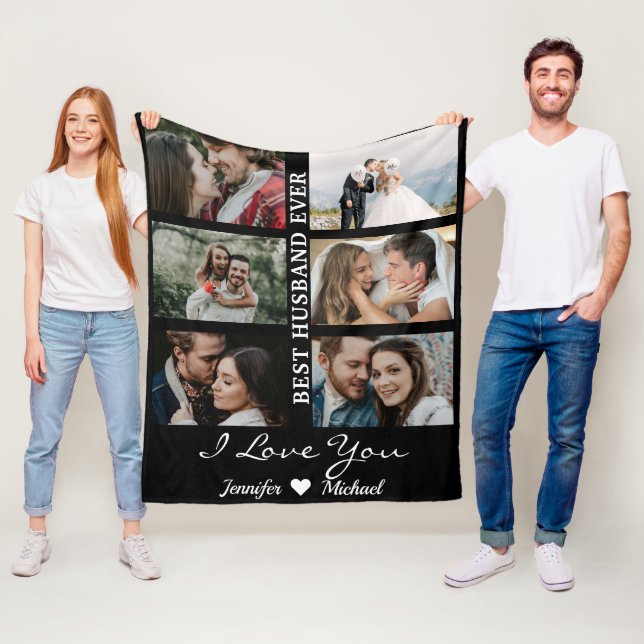 Manta Polar Mejor Esposo Personalizado Collage de fotos Negro  (In situ)