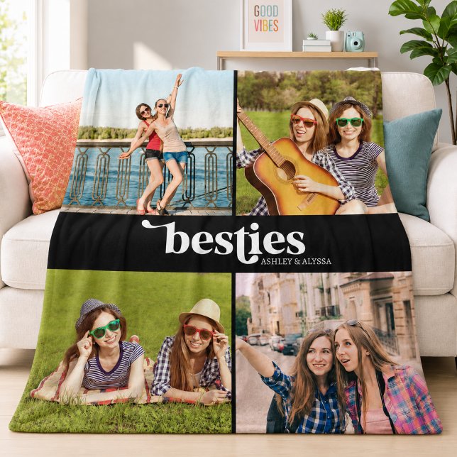 Manta Polar Mejores Amigas 4 Fotos (besties bff best friends black and white typography 4 photo collage blanket)