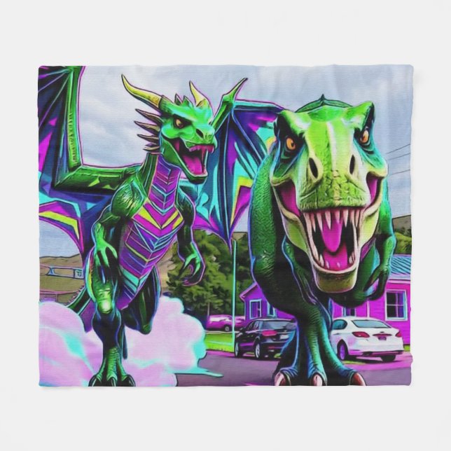 Manta Polar Mejores Amigos - Dragón y Dinosaurio Caminando (Frente (Horizontal))