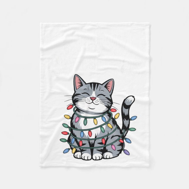 Manta Polar Meowy Christmas Cute Gray Tabby Cat Holiday Lights (Anverso)