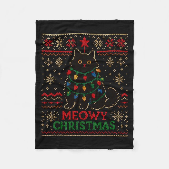 Manta Polar Meowy Christmas Xmas Lights Cat Ugly Sweater Pajam (Anverso)