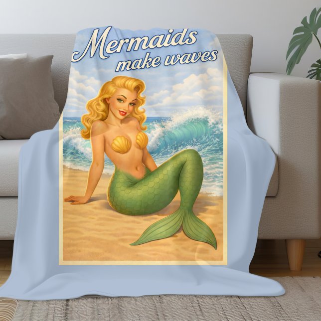 Manta Polar Mermaids Make Waves Retro PinUp Coastal Beach Blue (Subido por el creador)