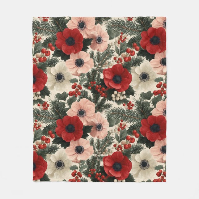 Manta Polar Merry Christmas Anemone Floral Background (Anverso)