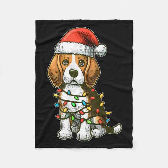 Manta Polar Merry Christmas Beagle Santa Christmas Lights Dog  (Anverso)