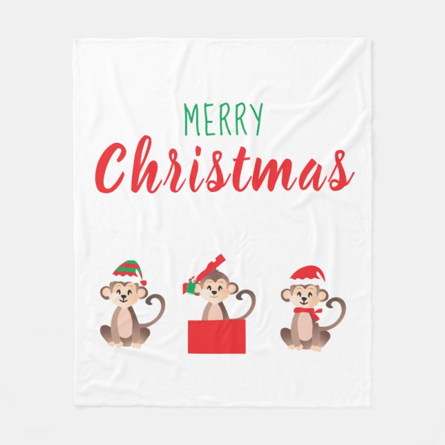 Manta Polar Merry Christmas Jungle Monkeys Elf Santa Hat (Anverso)