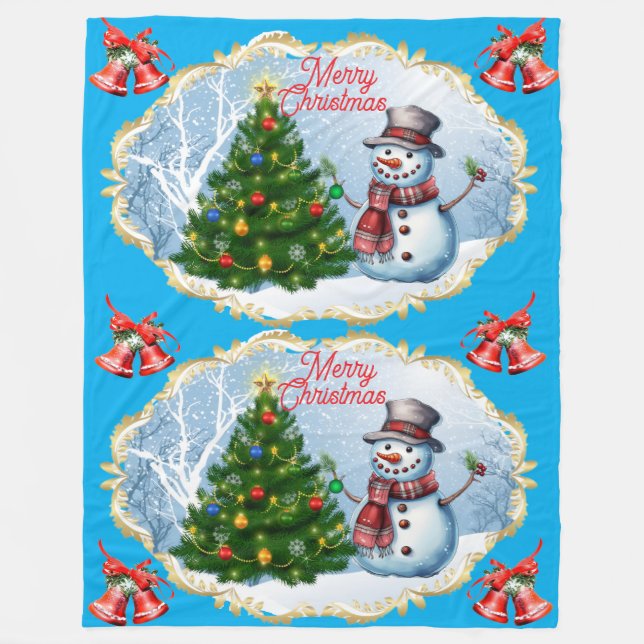 Manta Polar Merry Christmas Snowman Bells Cute (Anverso)