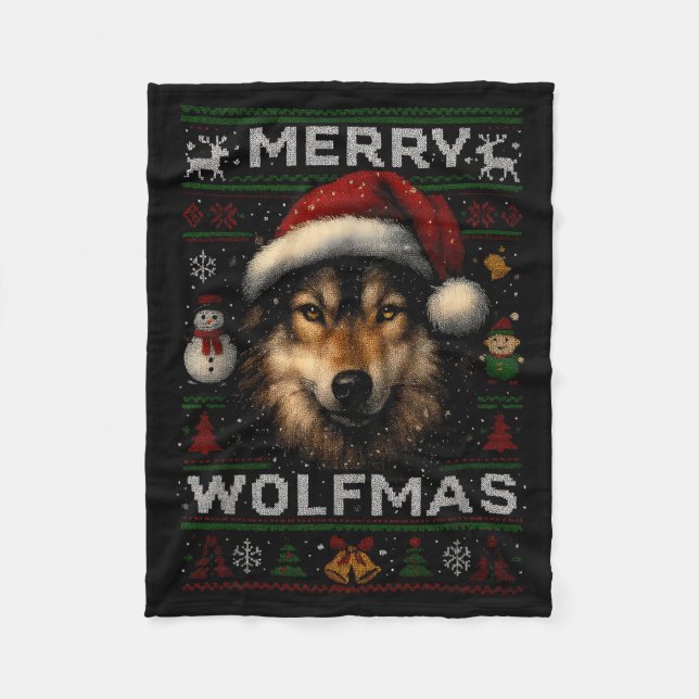 Manta Polar Merry Wolfmas Merry Christmas Wolf Ugly Sweater Fu (Anverso)