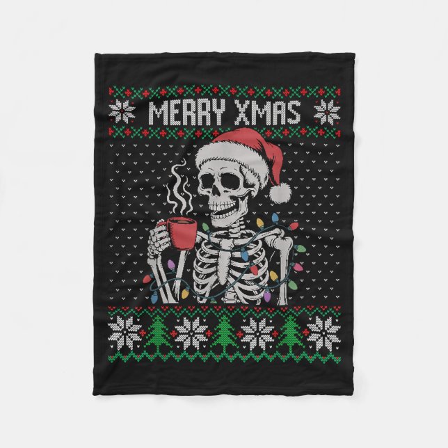 Manta Polar Merry Xmas Skeleton Ugly Sweater, Skull Wearing Sa (Anverso)