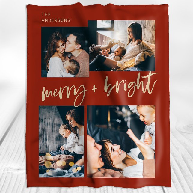 Manta Polar Merry y Bright | Navidades multifotográficos (A colorful, festive Christmas blanket in festive red with modern gold typography and four photos)
