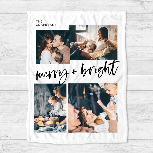 Manta Polar Merry y Bright | Navidades multifotográficos (A modern, black and white holiday blanket with trendy casual script and four family phtoos)