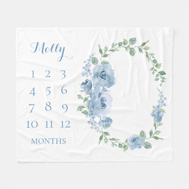 Manta Polar Meses de Bebé Monograma Floral Azul (Frente (Horizontal))