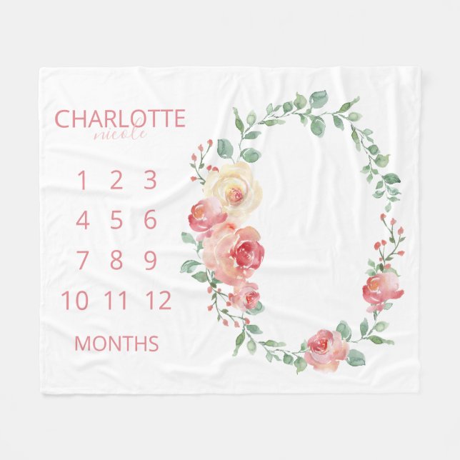 Manta Polar Meses de Bebe Rosado Floral Monogramado (Frente (Horizontal))