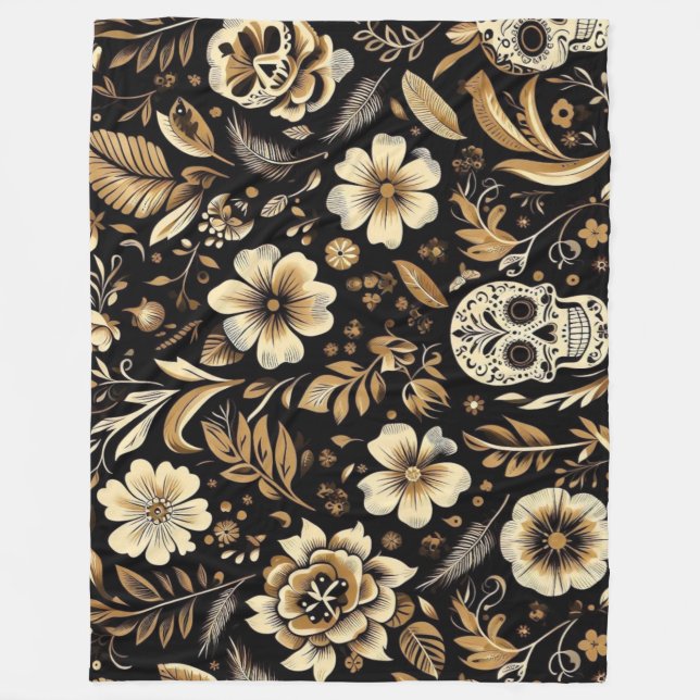 Manta Polar mexican dead and floral black art Poker (Anverso)