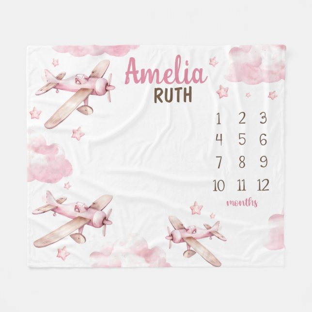 Manta Polar MILESTONA DE AVIÓN PINK, bebé personalizado (Frente (Horizontal))