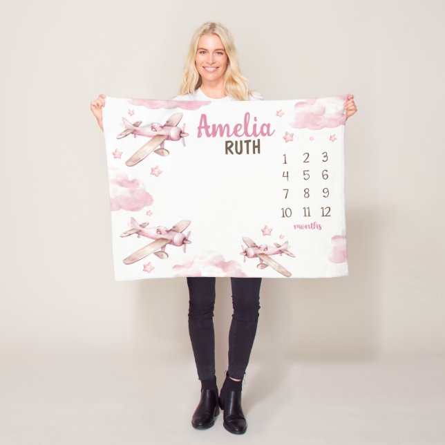 Manta Polar MILESTONA DE AVIÓN PINK, bebé personalizado (In situ)