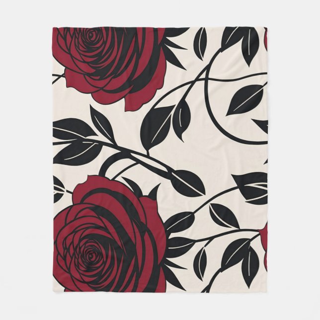 Manta Polar Minimalist Roses In Black And Deep Red On A Cream  (Anverso)