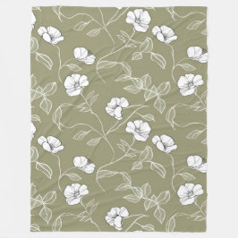 Manta Polar Minimalista Línea Blanca Floral Arte Olive Green