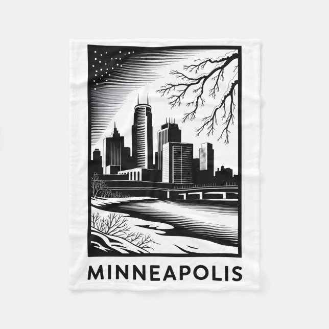 Manta Polar Minneapolis Skyline Black and White Woodcut Winter (Anverso)