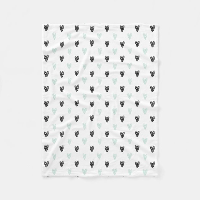 Manta Polar Mint & Black Hearts Doodles Pattern Blanket (Anverso)