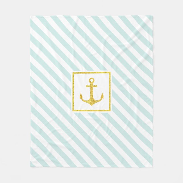 Manta Polar Mint Blue Stripes Faux Purpurinoso Golden Anchor (Anverso)