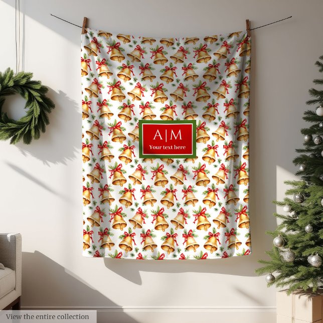 Manta Polar Moda acuarela Navidades de oro campanas personaliz (Monogrammed watercolor Christmas tree cozy blanket)