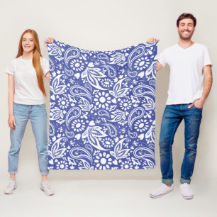 Manta Polar Moda Boco Clásica Azul Paisley Blanco Flor Corazón