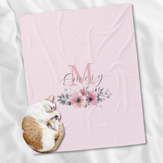 Manta Polar Moda botánica acuarela rosa monograma floral (Botanical chic pink watercolor floral monogram fleece blanket)