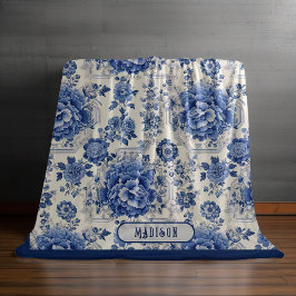 Manta Polar Moda Monograma de tela de chinoiserie floral azul