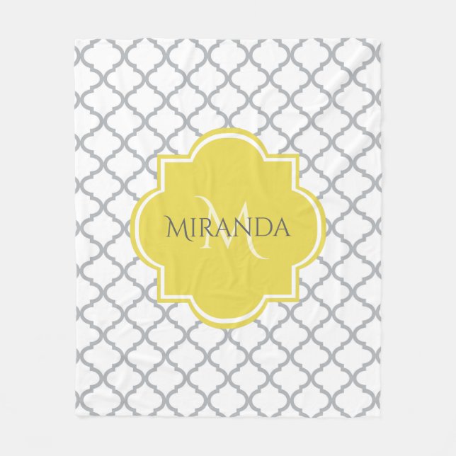 Manta Polar Moda Quatrefoil blanco Monogramo amarillo Nombre e (Anverso)