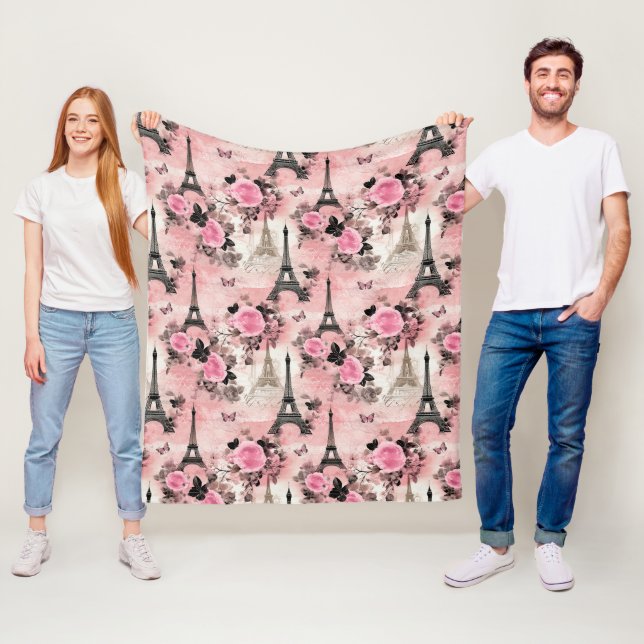 Manta Polar Moda Rosa Negro y Blanco Torre Eiffel París Franci (In situ)