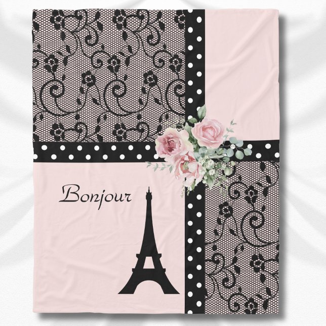 Manta Polar Moda rosa Polka Dot Paris Bonjour Blanket (Pink Chic Polka Dot Paris Bonjour Blanket)