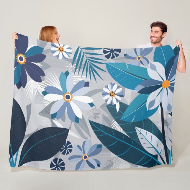 Manta Polar Modern Blue and White Floral with Geometric Leaves (In situ)