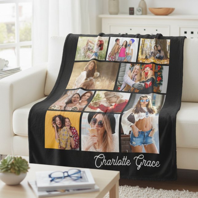 Manta Polar Modern Minimalist Black 10 Photo Collage With Name (Subido por el creador)