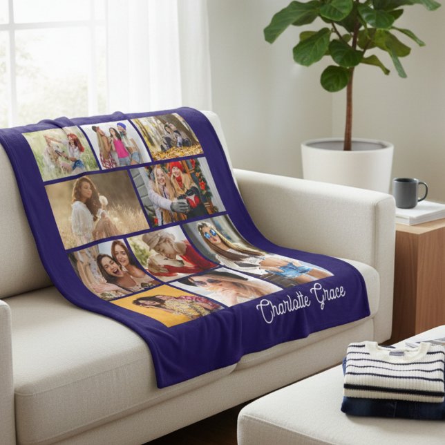 Manta Polar Modern Minimalist Blue 10 Photo Collage With Name (Subido por el creador)