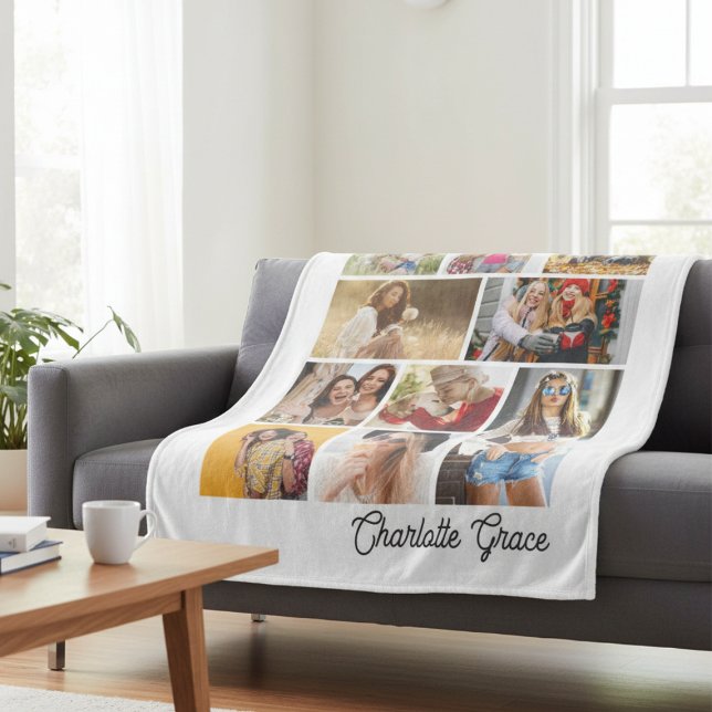 Manta Polar Modern Minimalist White 10 Photo Collage With Name (Subido por el creador)