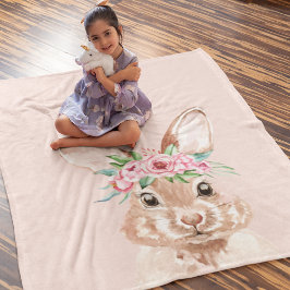 Manta Polar Moderno Bunny De Color Rosa Pastel Con Flores