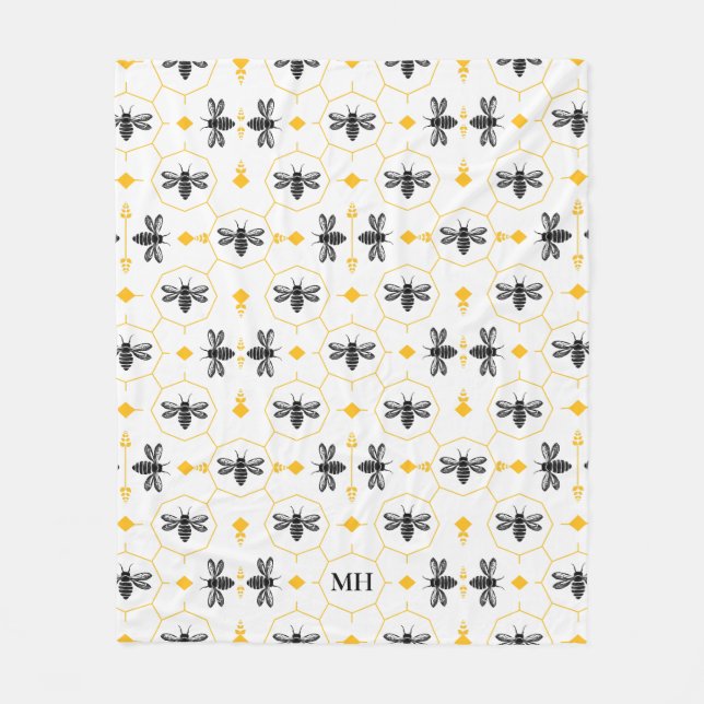 Manta Polar Moderno patrón de abeja amarilla elegante Monogram (Anverso)