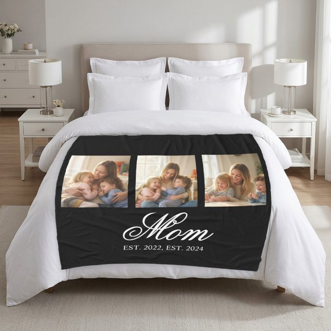 Manta Polar Mom Established Black Elegant Script 3 Photo (Mom EST. Elegant Script 3 Photo Fleece Blanket. personalize the est years for a Mother's Day Gift)