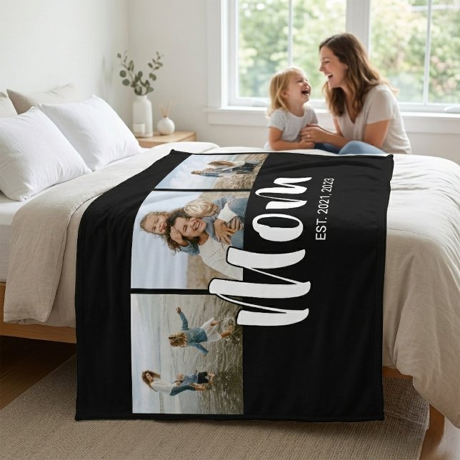 Manta Polar Mom Established Elegant Script Black 3 Photo (Mom Established Elegant Script Black 3 Photo Fleece Blanket)