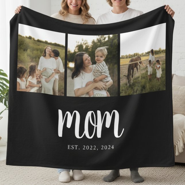 Manta Polar Mom Established Modern Bold Script Black 3 Photo (modern 3 photo black and white script mom established blanket gift for mom mother's day christmas)
